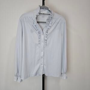 Vintage Mardi Modes Long Sleeve Button Up Ruffle Blouse Top Blue Silky Career 16